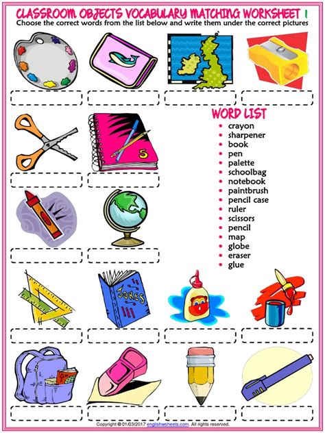 Classroom Objects Vocabulary Esl Matching Exercise Worksheet For Kids