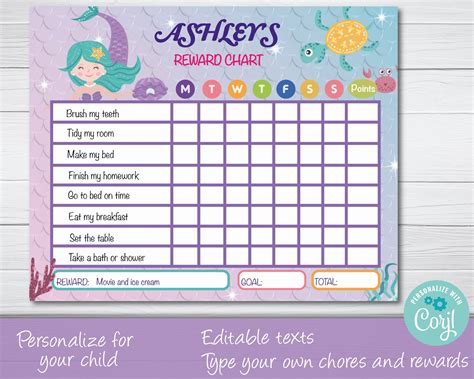 Editable Mermaid Kids Chore Chart Printable Reward Chart For Kids