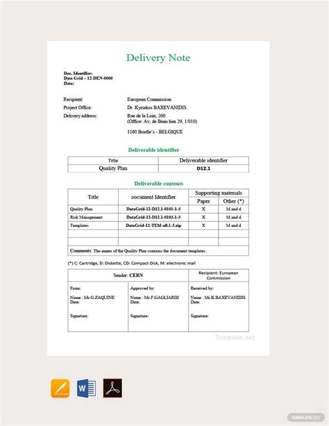 Sample Delivery Note Template Google Docs Word Apple Pages PDF