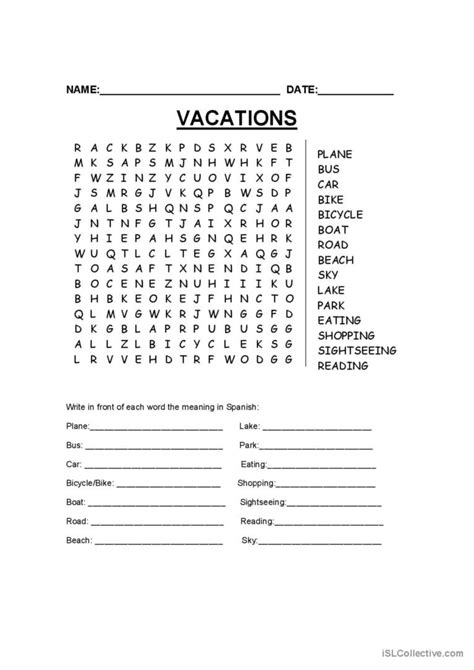 Wordsearch Vacations Word Search English Esl Worksheets Pdf And Doc