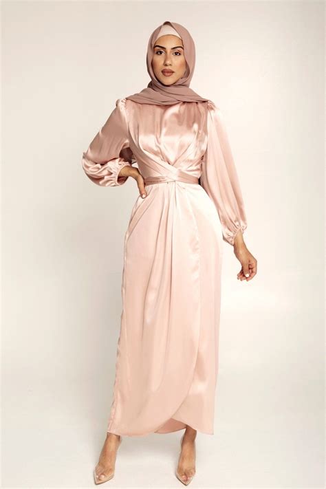 Julianna Satin Wrap Waist Maxi Dress Dusty Pink Hijab Dress Party