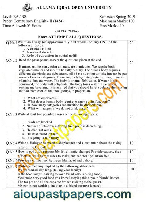 Aiou English 1424 Spring 2019 Past Papers Past Papers Paper Past