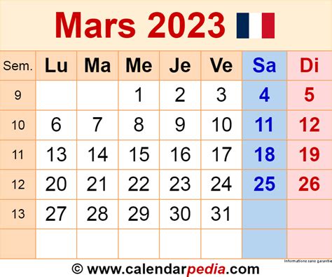 Calendrier 2023 Par Mois Excel Calendrier Mars 2023 Aria Art