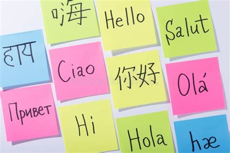 Communicative Stickers Saying Hello In Different Languages Stock Photo Image Of Express