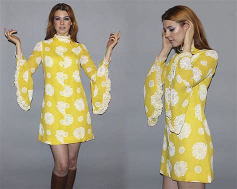 vintage 60s bell sleeve mini dress canary yellow white long sleeve summer dress bell sleeve