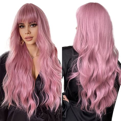 buy esmee 26 inches long pink wig with bangs natural synthetic hair wavy wigs for women daily