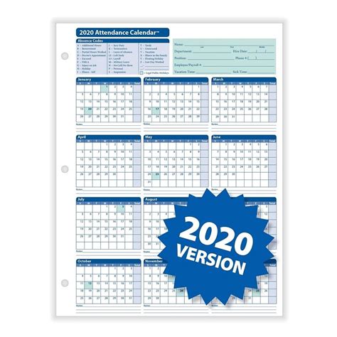 Free 2020 Employee Attendance Calendar