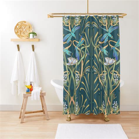 Art Nouveau Dragonflies Pattern Deep Cool Green Shower Curtain For