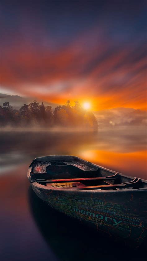 Download 720x1280 Wallpaper Sunset Sky Lake Reflections Boat