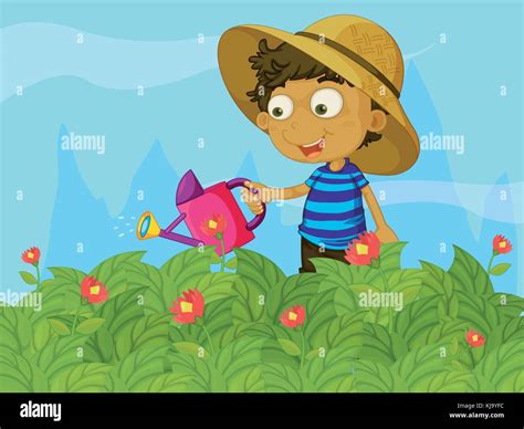 Illustration Of A Boy Watering The Plants In A Garden Stock Vector