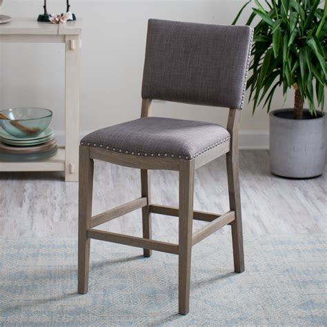 Modern Farmhouse Gray Wash Finish Wood Fabric Counter Stool With Back