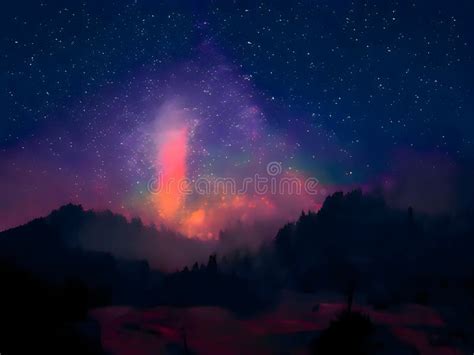 Milky Way And Pink Light At Mountains Night Colorful Landscape Starry