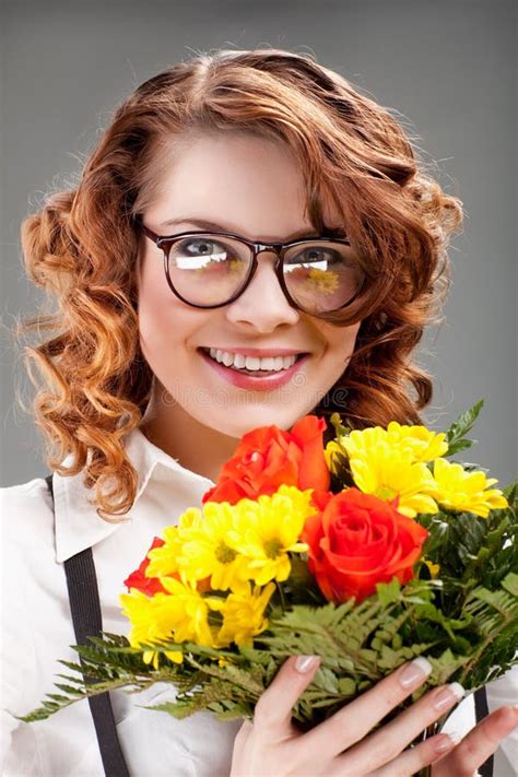 Woman With A Bouquet Of Flowers Stock Image Image Of Flowers