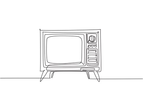 Single Continuous Line Drawing Of Retro Old Fashioned Tv With Wooden