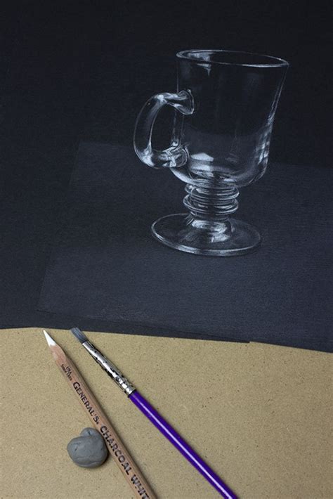 How To Draw Glass Using White Charcoal On Black Paper White Charcoal