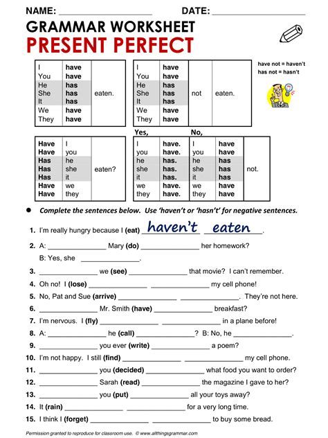PRESENT PERFECT English Grammar Present Perfect Grammar Worksheets