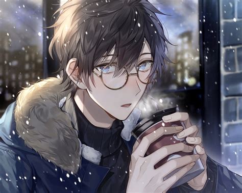 Black Hair Snowfall Boy Original Anime Blue Eyes 1080p Glasses Hd Wallpaper