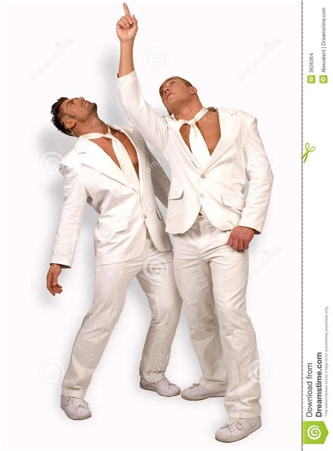Two Men In White Suits Pointing Up White Suits Two Men Suits