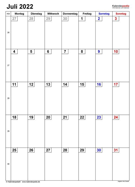 Kalender Juli 2022 Als Excel Vorlagen