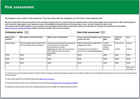 Health And Safety Risk Assessment Template Free Printable Templates