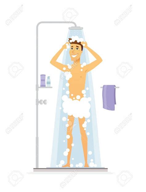 Young Man Taking A Shower On Cartoon People Character Isolated