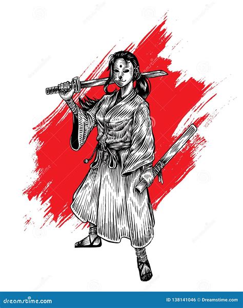 Standing Masked Samurai Girl Holding Katana Hand Draw Hot Sex Picture