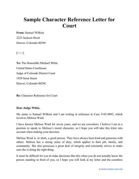 Sample Character Reference Letter For Court Download Printable PDF Templateroller