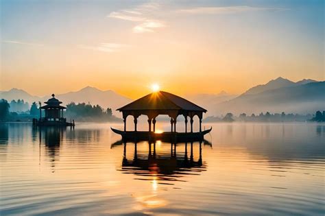 Premium Photo A Boat House On A Lake With A Sunset In The Background