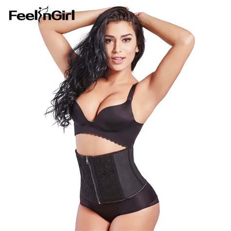 feelingirl 9 steel boned floral lace latex waist trainer plus size black corsets and bustiers