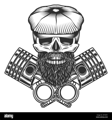 Biker Skull With Beard And Mustache In Flat Cap With Crossed Engine