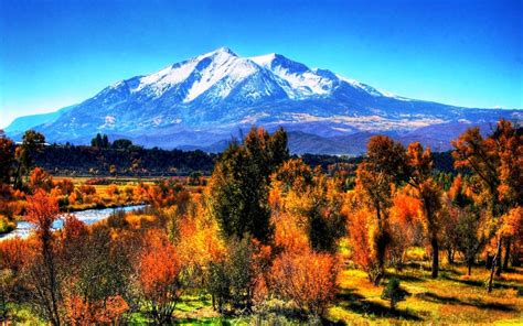 Landscape Nature Fall Mountain River Trees Snowy Peak Grass