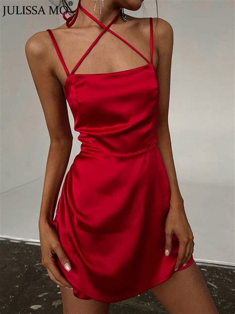 Julissa Mo 2022 Satin Halter Backless Mini Sexy Party Dress Women Slim Spaghetti Strap Dresses