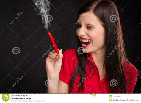 Chili Pepper Portrait Young Woman Smoke Red Hot Stock Image Image Of