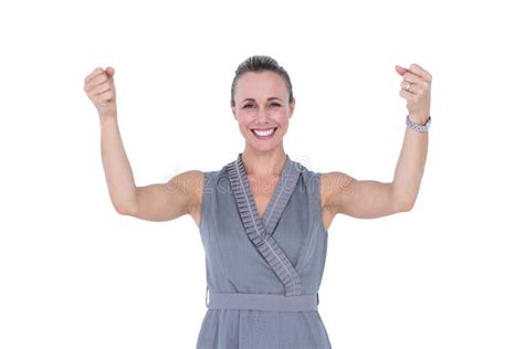 Businesswoman Gesturing With Raised Arms Stock Image Image Of