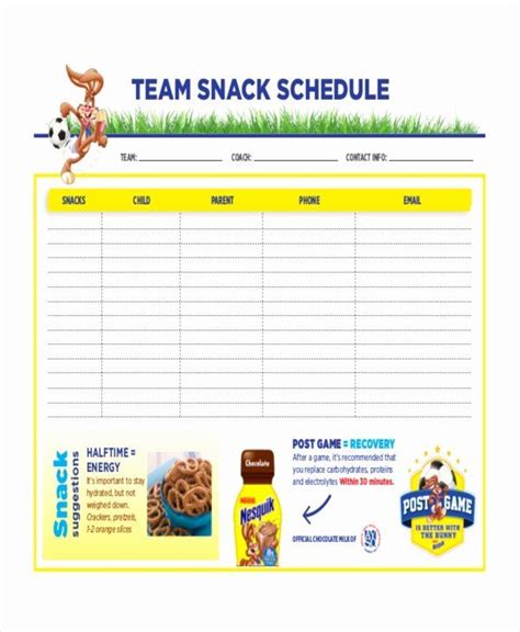 Baseball Snack Schedule Template Free