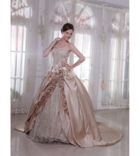 Gorgeous Champagne Satin Sweetheart Sweep Womens Luxury Wedding Dress 31890 Satin Wedding