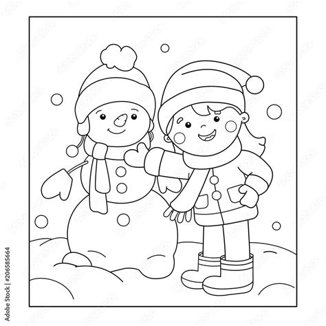 Coloring Page Outline Of Cartoon Girl Making Snowman Winter Coloring