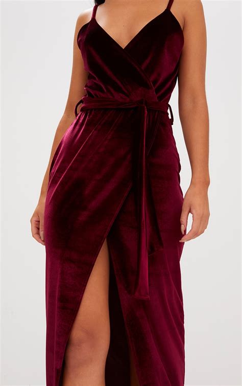 Burgundy Velvet Plunge Wrap Maxi Dress Prettylittlething