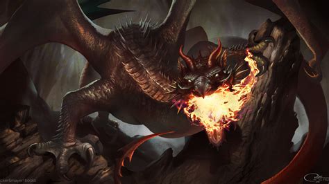 Fantasy Big Black Dragon Is Breathing A Fire On Rock 4k 5k Hd Dreamy
