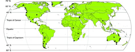 World Map Showing Study Site Locations Some Points Represent More