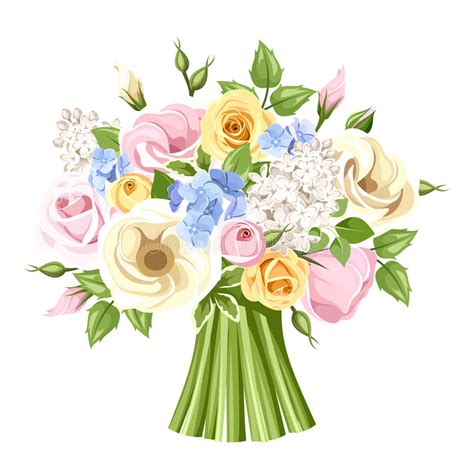 Bouquet With Pink Roses Lily Of The Valley And Lilac Flowers Vector
