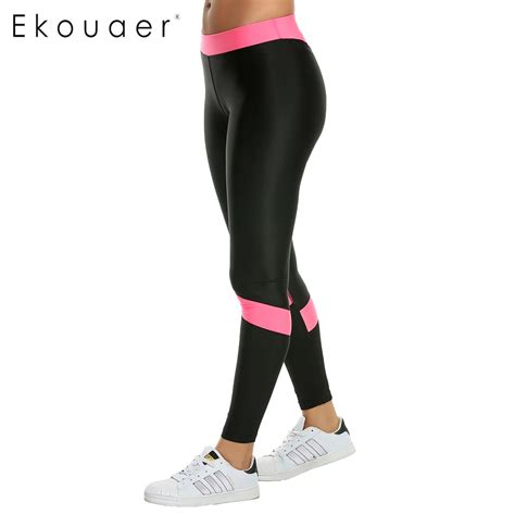 Ekouaer Slim Women Leggings Spring Summer Mid Waist Legging Elastic Pants Polyester Elastane
