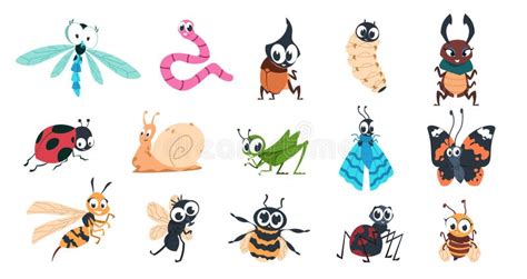Funny Bugs Cartoon Cute Insects With Faces Caterpillar Butterfly