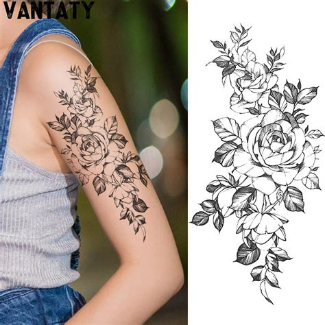 Vantaty 10 Sheets 3d Big Rose Peony Flower Girls Temporary Tattoos For