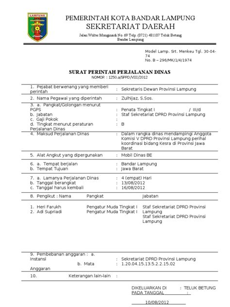 Surat dinas adalah surat yang dibuat oleh instansi resmi atau dinas yang berguna untuk berbagai kepentingan tertentu. contoh surat tugas perjalanan dinas - wood scribd indo