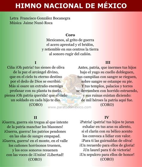 Himno Nacional Letra Del Himno Nacional Simbolos Patrios De Mexico