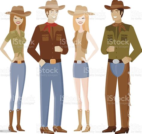 Two Couples In Cowboy Outfits Stock Illustration Download Image Now