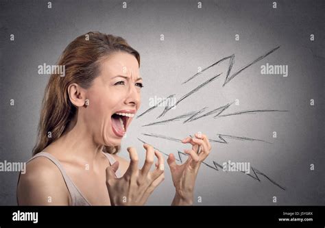 Side View Portrait Angry Woman Screaming Wide Open Mouth Hysterical Isolated Grey Wall