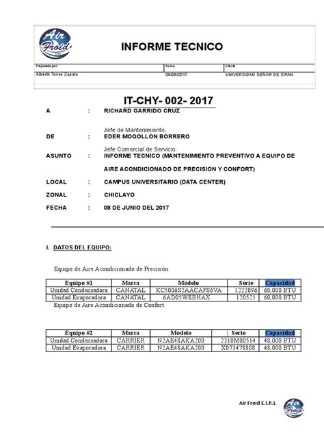 Informe Tecnico Mantenimiento Preventivo A Equipo De Aa De Precision