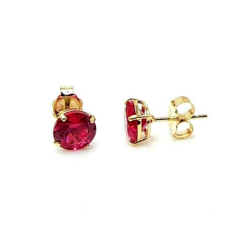 Round Ruby Studs Earrings Real 14K Solid Yellow Gold Push Back Etsy